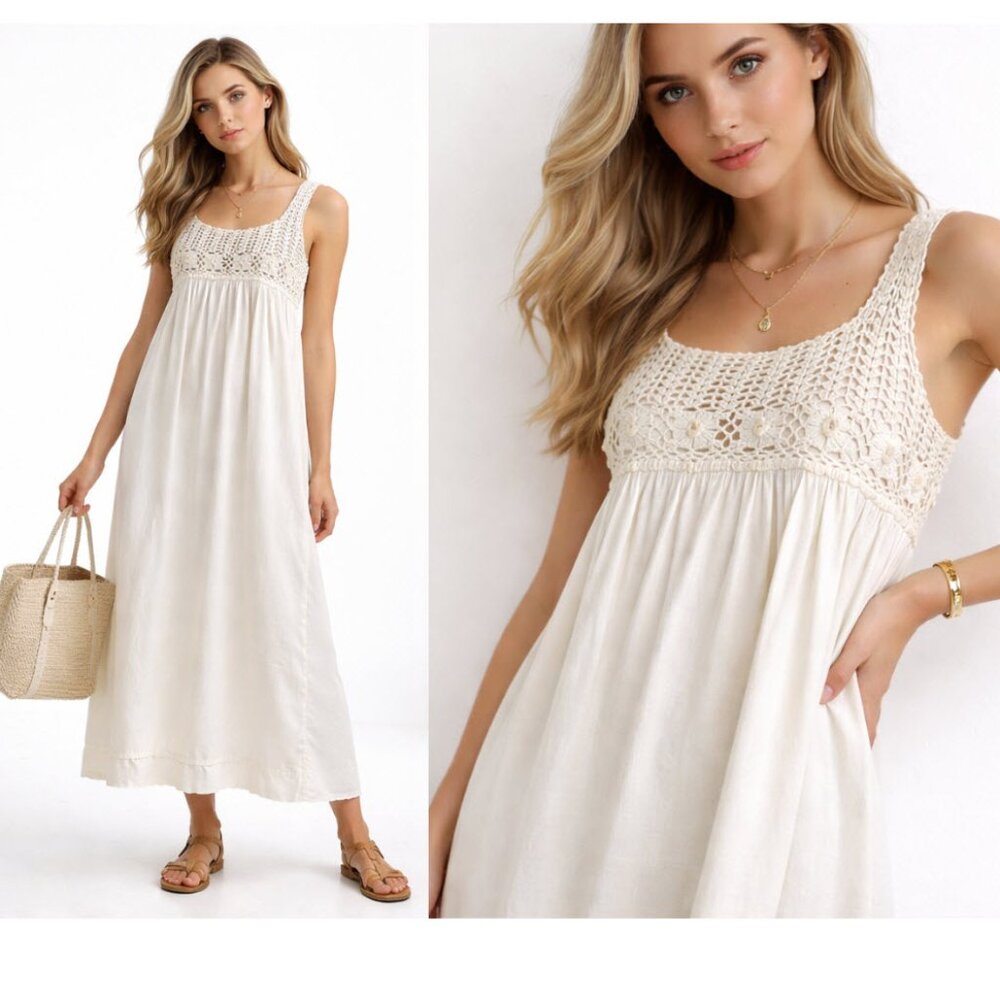 Karel Cream Crochet Cotton Boho Dress Sleeveless Midi Maxi Medium fit